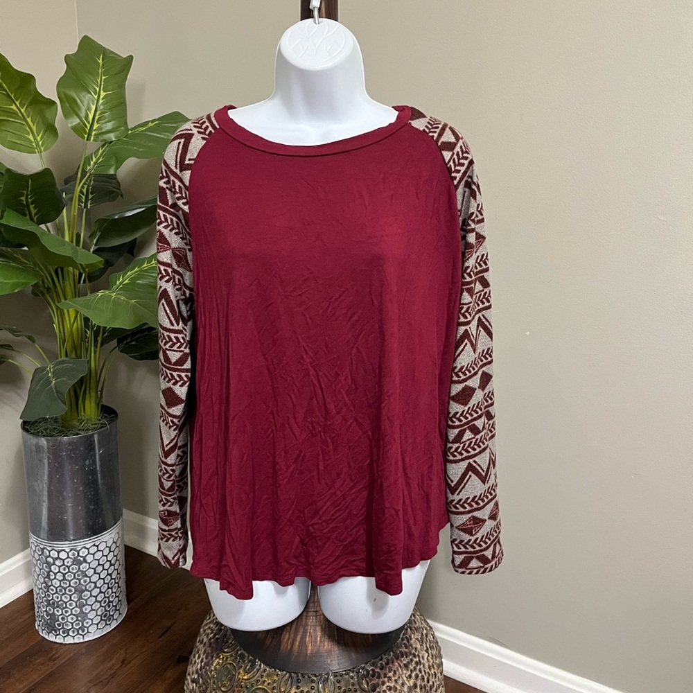 Maroon Top with Patterned Sleeves